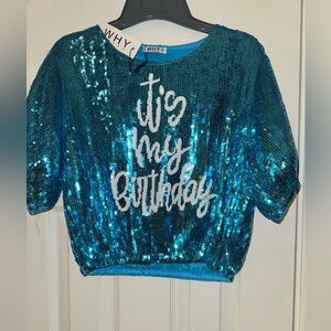 WHY Blue Sequin "It's My Birthday" Crop Top
